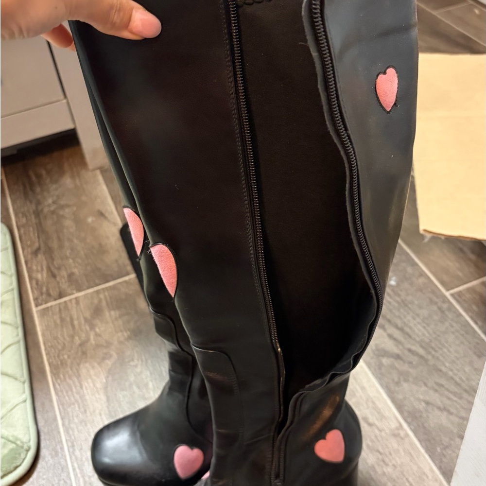 Black Knee-High Boots with Pink Heart Appliqués